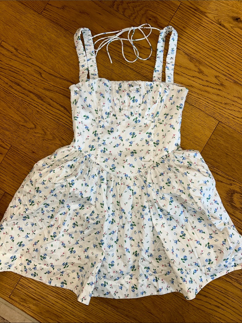 For Love & Lemons White Mini Dress with Blue & Green Floral Print
